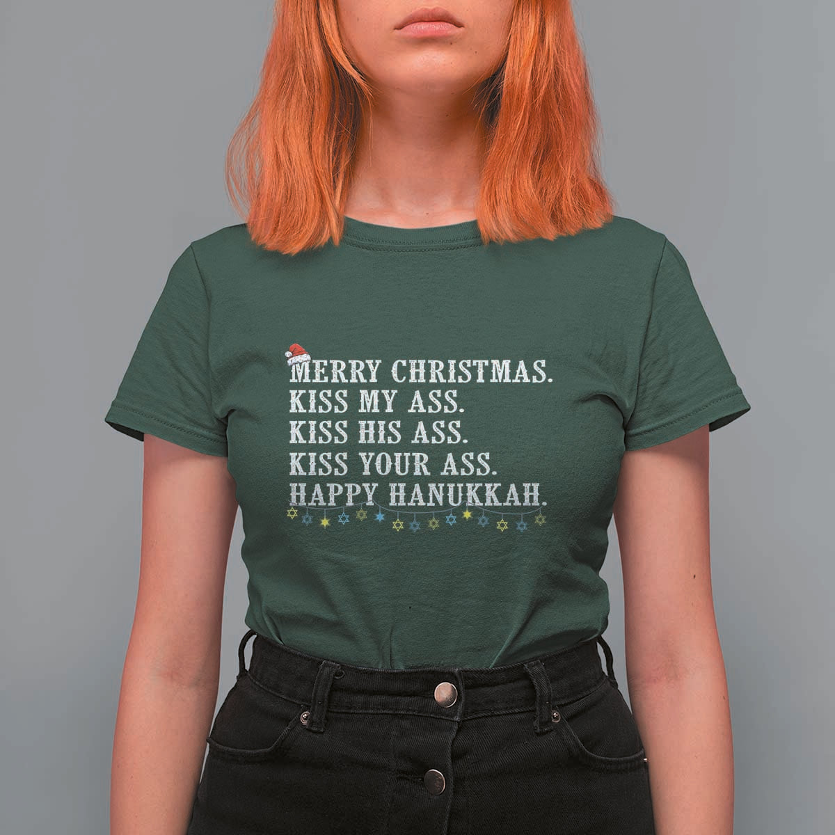 Funny Merry Christmas Kiss My His Your Ass Happy Hanukkah T Shirt For Women - Wonder Print Shop