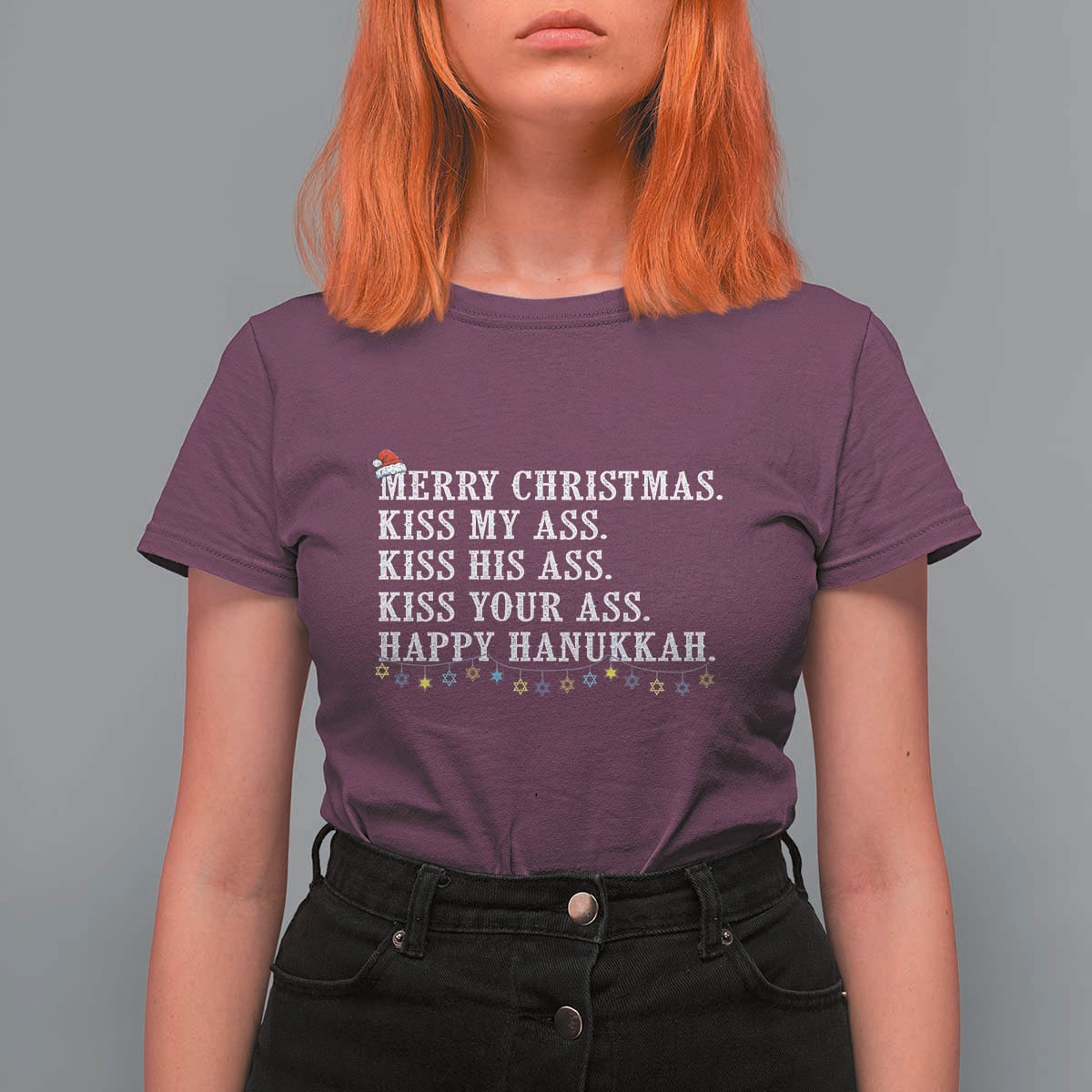 Funny Merry Christmas Kiss My His Your Ass Happy Hanukkah T Shirt For Women - Wonder Print Shop