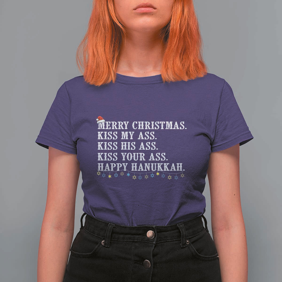 Funny Merry Christmas Kiss My His Your Ass Happy Hanukkah T Shirt For Women - Wonder Print Shop