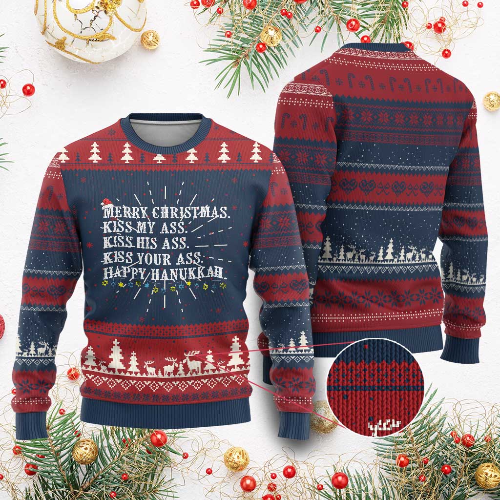 Funny Merry Xmas Kiss My His Your Ass Happy Hanukkah Ugly Christmas Sweater - Wonder Print Shop