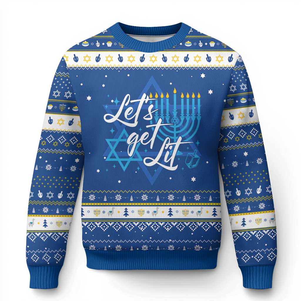 Funny Chanukah Hanukkah Ugly Sweater Let's Get Lit Menorah David Star - Wonder Print Shop