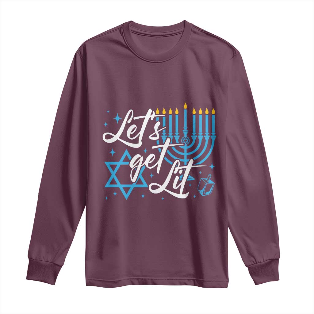 Funny Hanukkah Long Sleeve Shirt Let's Get Lit Menorah David Star
