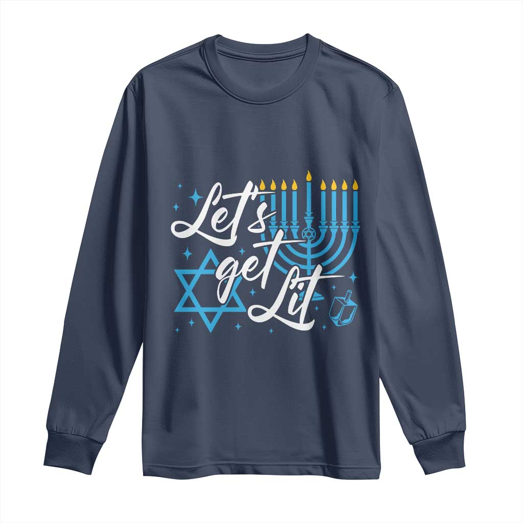 Funny Hanukkah Long Sleeve Shirt Let's Get Lit Menorah David Star