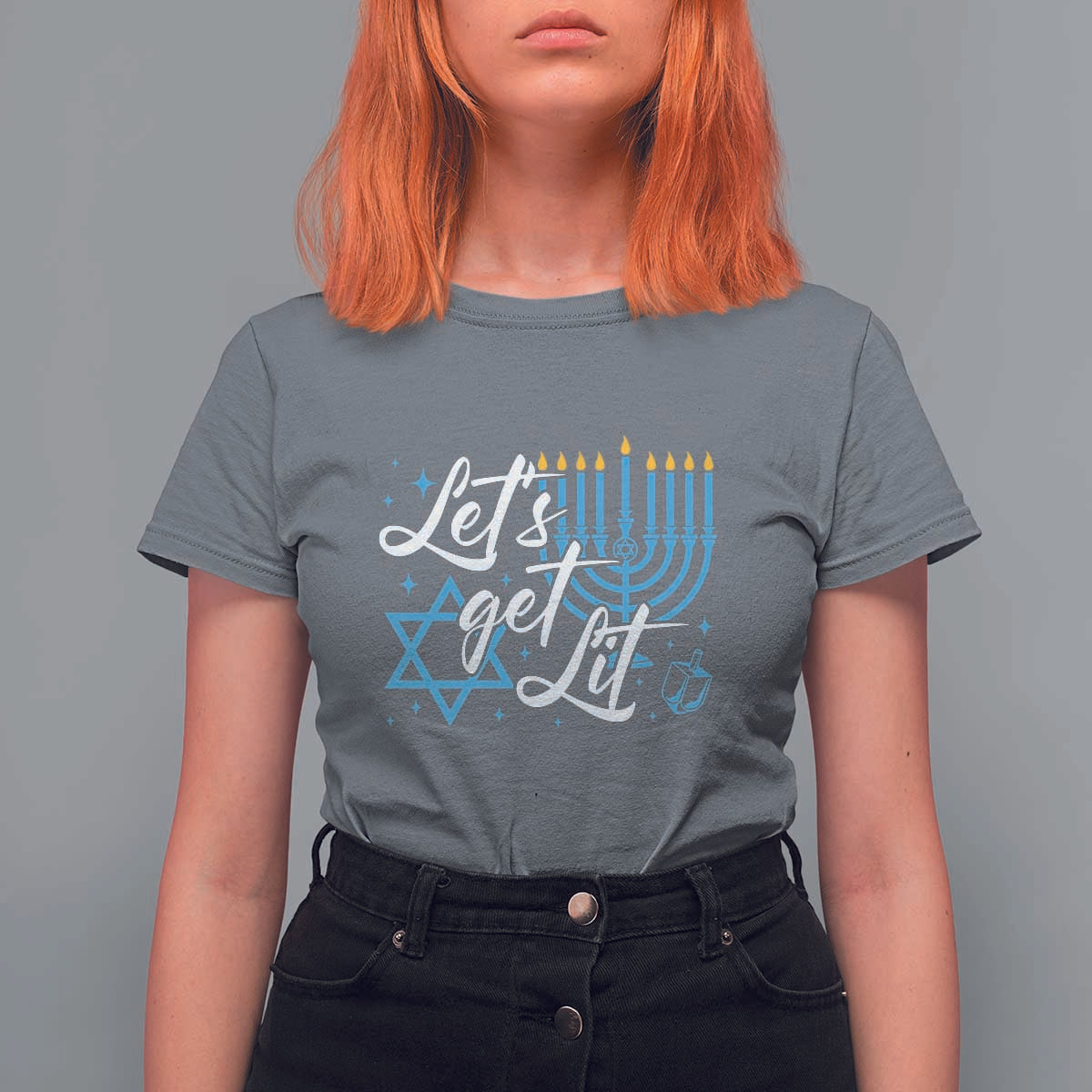 Funny Hanukkah T Shirt For Women Let's Get Lit Menorah David Star - Wonder Print Shop