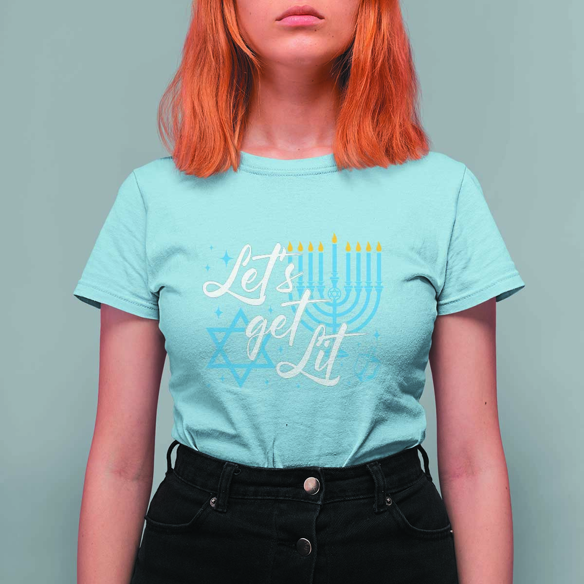 Funny Hanukkah T Shirt For Women Let's Get Lit Menorah David Star - Wonder Print Shop