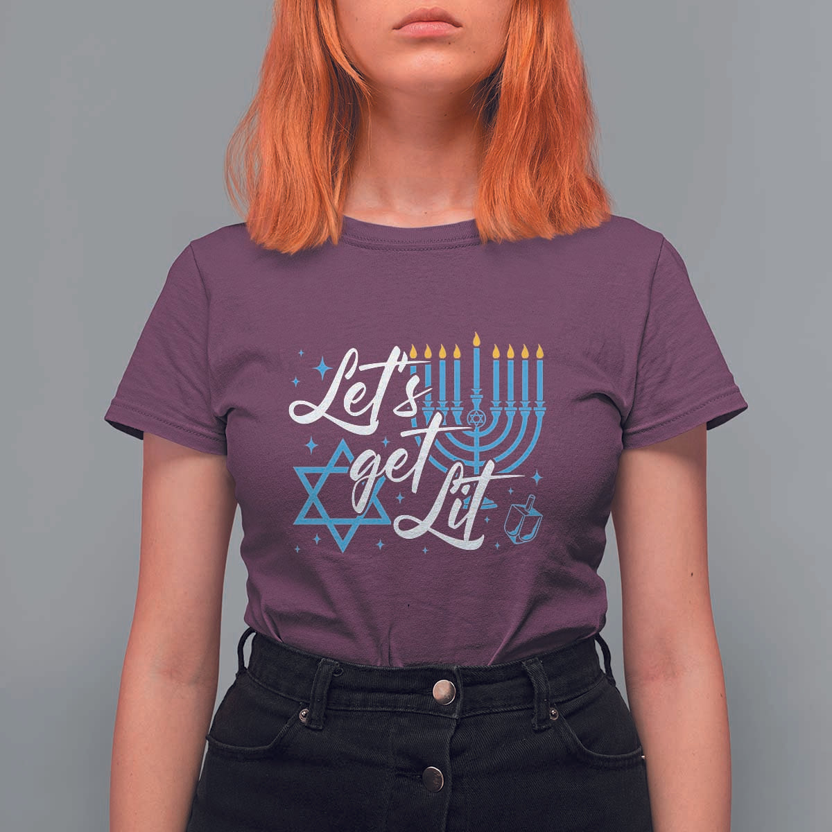 Funny Hanukkah T Shirt For Women Let's Get Lit Menorah David Star - Wonder Print Shop