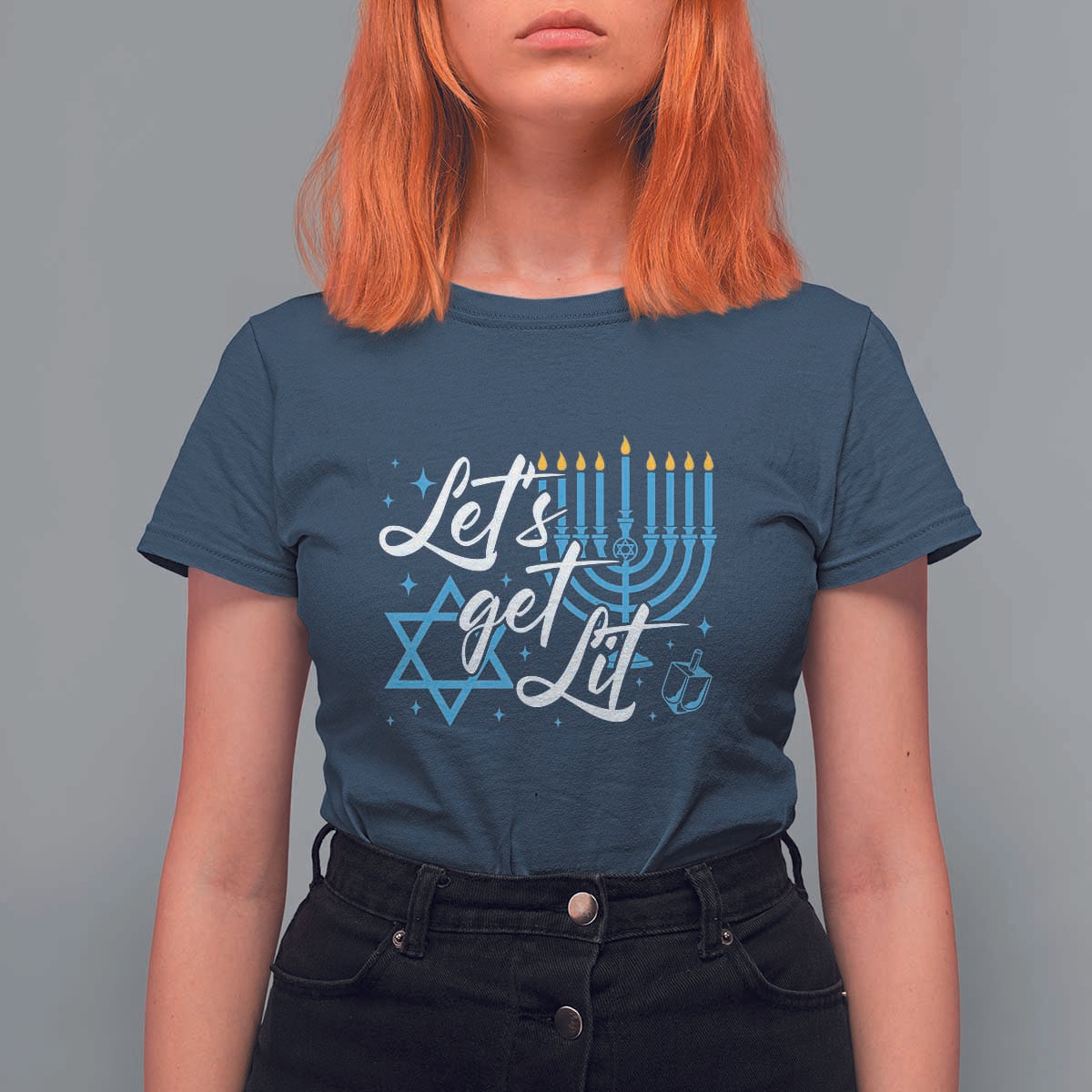 Funny Hanukkah T Shirt For Women Let's Get Lit Menorah David Star - Wonder Print Shop