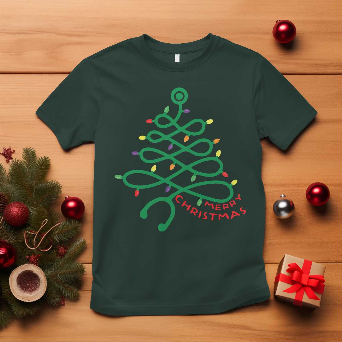 Funny Merry Christmas Nurse T Shirt Stethoscope Xmas Tree - Wonder Print Shop