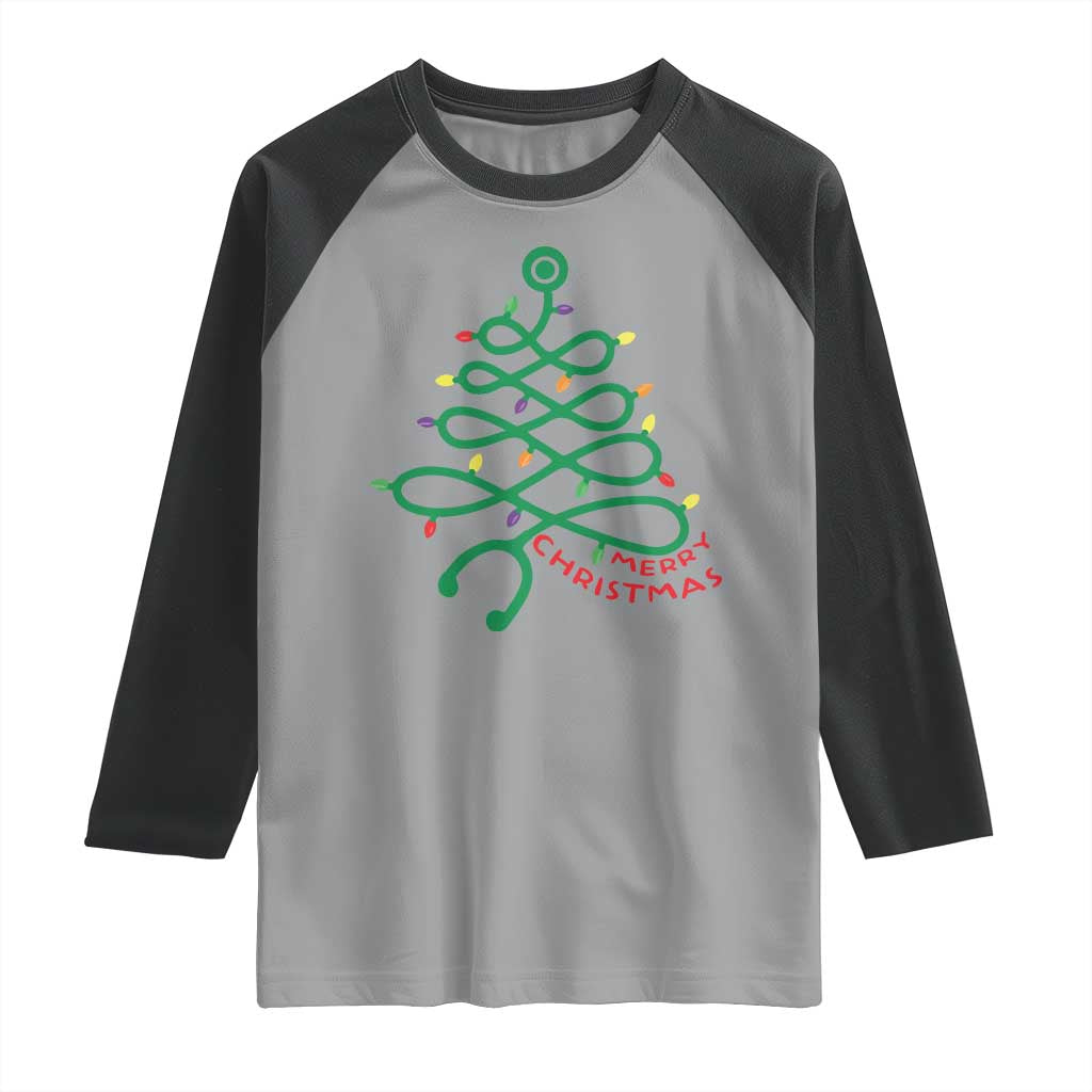 Funny Merry Christmas Nurse Raglan Shirt Stethoscope Xmas Tree - Wonder Print Shop