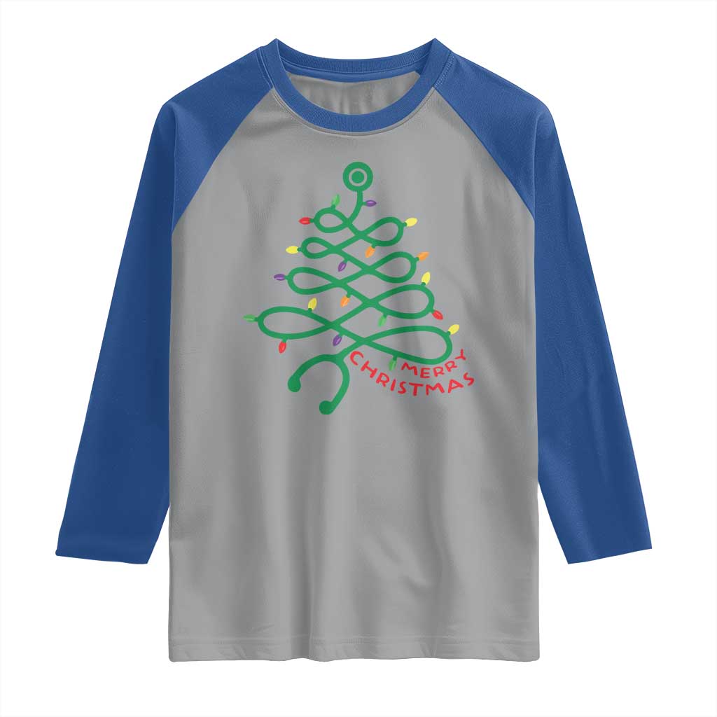 Funny Merry Christmas Nurse Raglan Shirt Stethoscope Xmas Tree - Wonder Print Shop