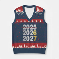 Funny 67 New Year V-Neck Knit Sweater Vest Happy New Year 2026 2027 Six Seven Meme Faux Glitter Effect Printed - Wonder Print Shop
