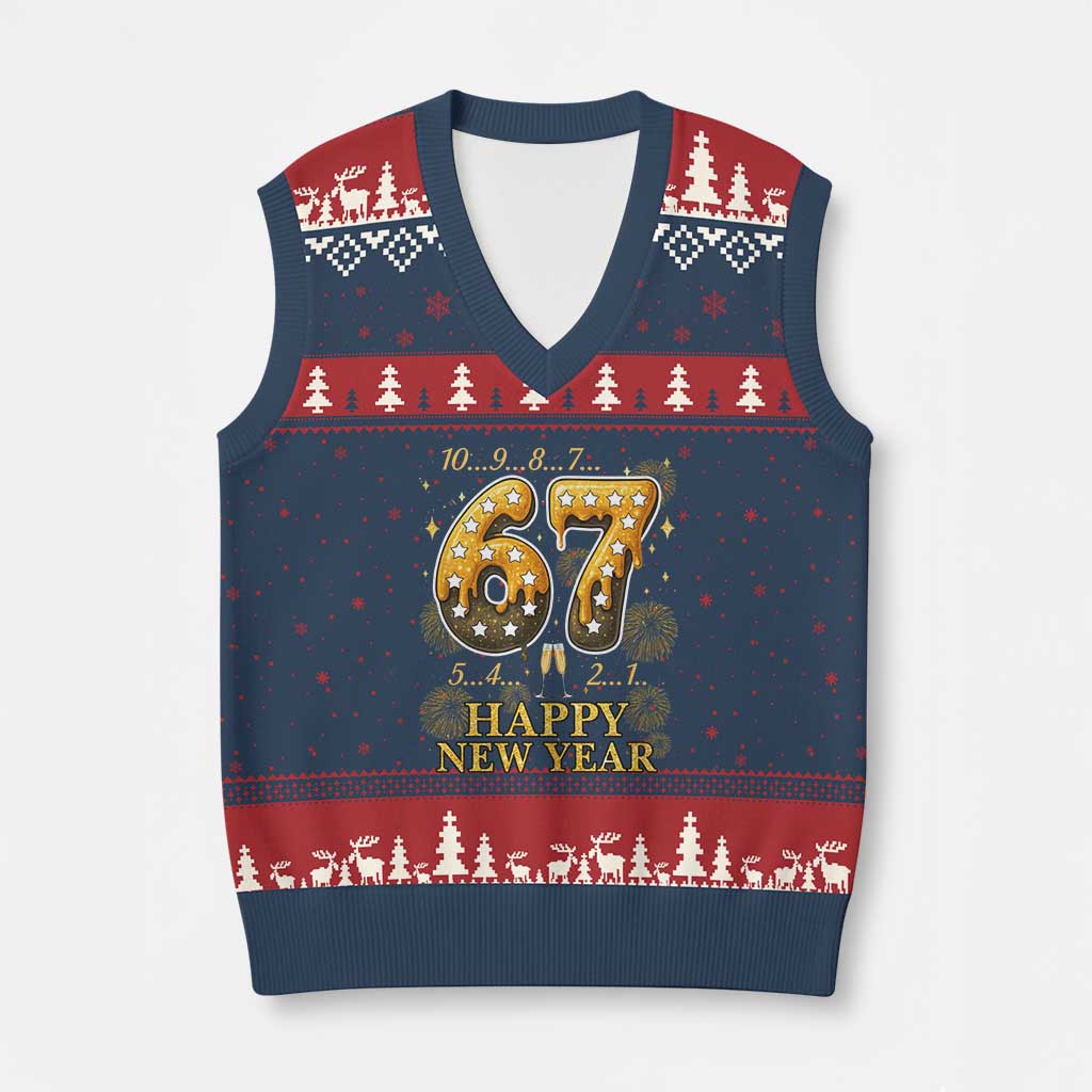 Funny 67 New Years Eve V-Neck Knit Sweater Vest Countdown New Year Party 2026 Six Seven Meme - Wonder Print Shop