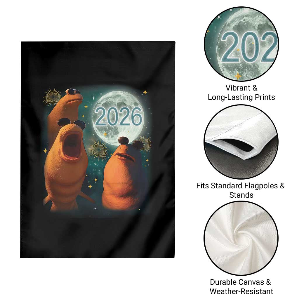 Funny Marcus The Worm New Year Garden Flag Happy New Year 2026 Moon NYE Party - Wonder Print Shop