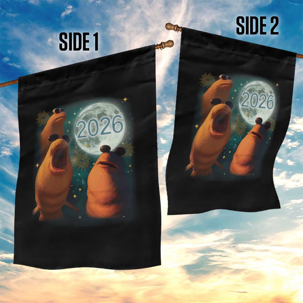 Funny Marcus The Worm New Year Garden Flag Happy New Year 2026 Moon NYE Party - Wonder Print Shop