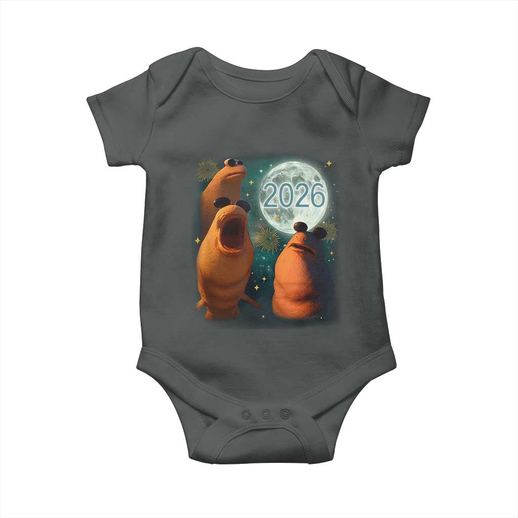 Funny Marcus The Worm New Year Baby Onesie Happy New Year 2026 Moon NYE Party - Wonder Print Shop