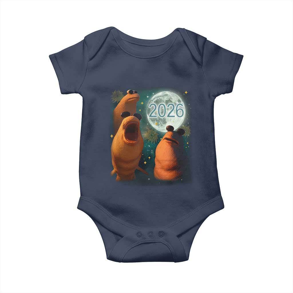 Funny Marcus The Worm New Year Baby Onesie Happy New Year 2026 Moon NYE Party - Wonder Print Shop