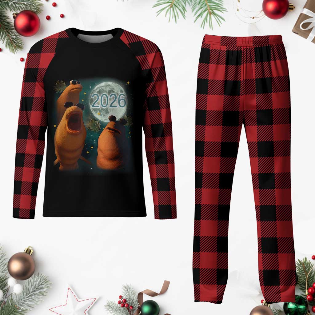 Funny Marcus The Worm New Year Plaid Pajama Set Happy New Year 2026 Moon NYE Party - Wonder Print Shop