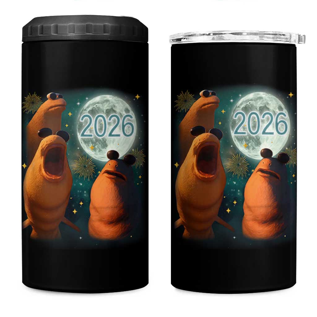 Funny Marcus The Worm New Year 4 in 1 Can Cooler Tumbler Happy New Year 2026 Moon NYE Party - Wonder Print Shop