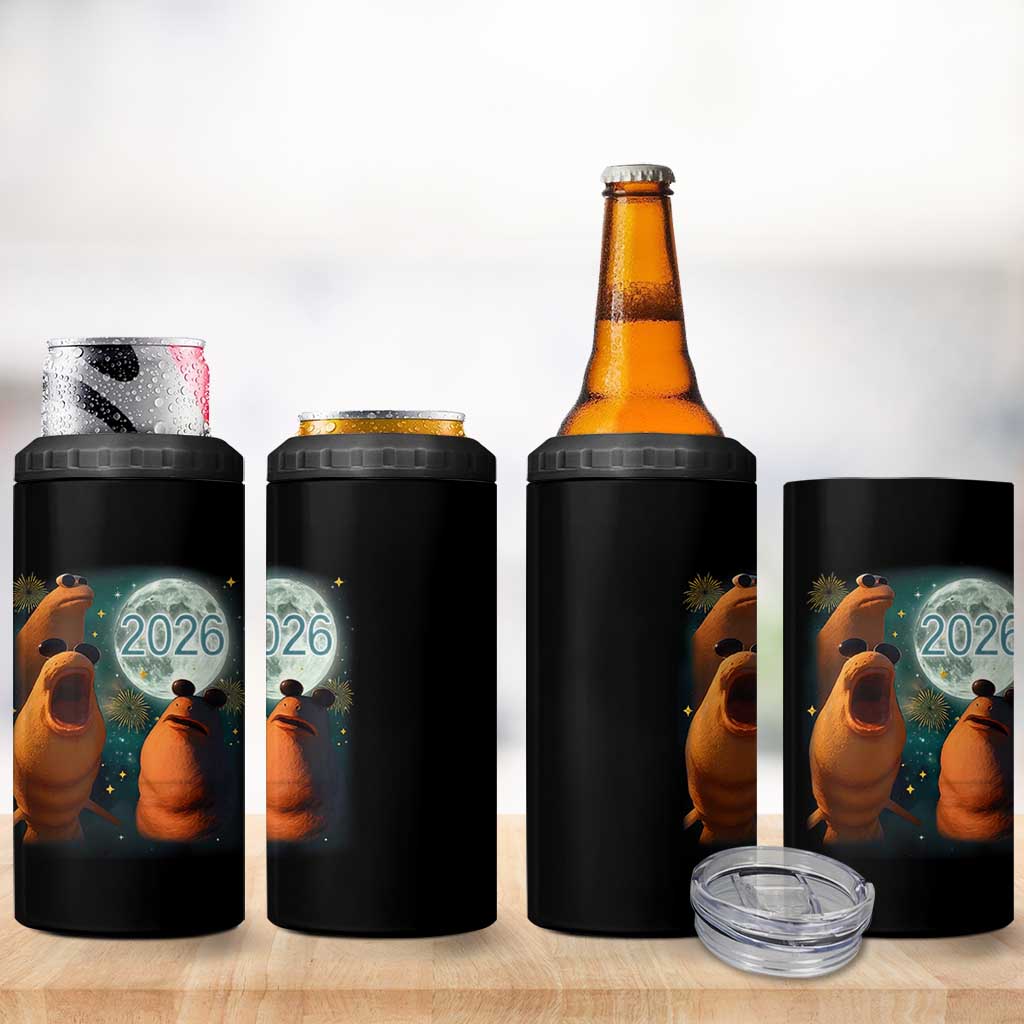 Funny Marcus The Worm New Year 4 in 1 Can Cooler Tumbler Happy New Year 2026 Moon NYE Party - Wonder Print Shop