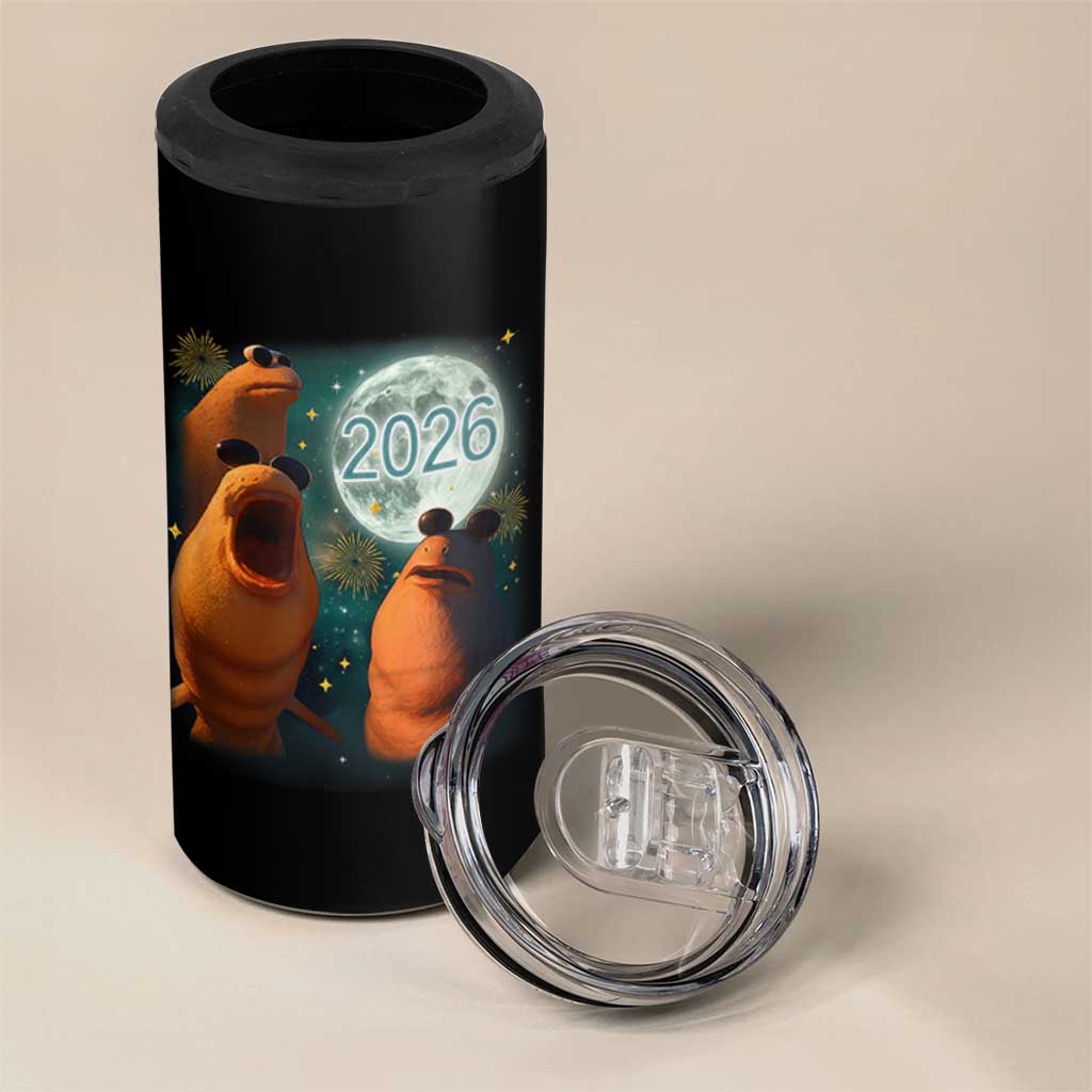 Funny Marcus The Worm New Year 4 in 1 Can Cooler Tumbler Happy New Year 2026 Moon NYE Party - Wonder Print Shop