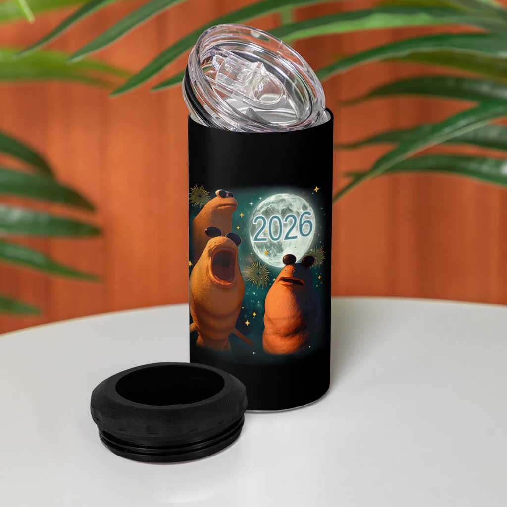 Funny Marcus The Worm New Year 4 in 1 Can Cooler Tumbler Happy New Year 2026 Moon NYE Party - Wonder Print Shop