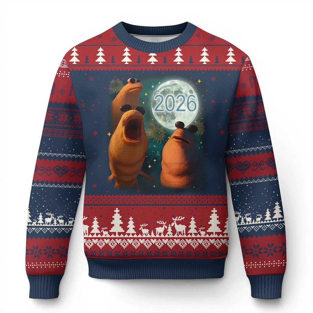 Funny Marcus The Worm New Year Ugly Christmas Sweater Happy New Year 2026 Moon NYE Party - Wonder Print Shop