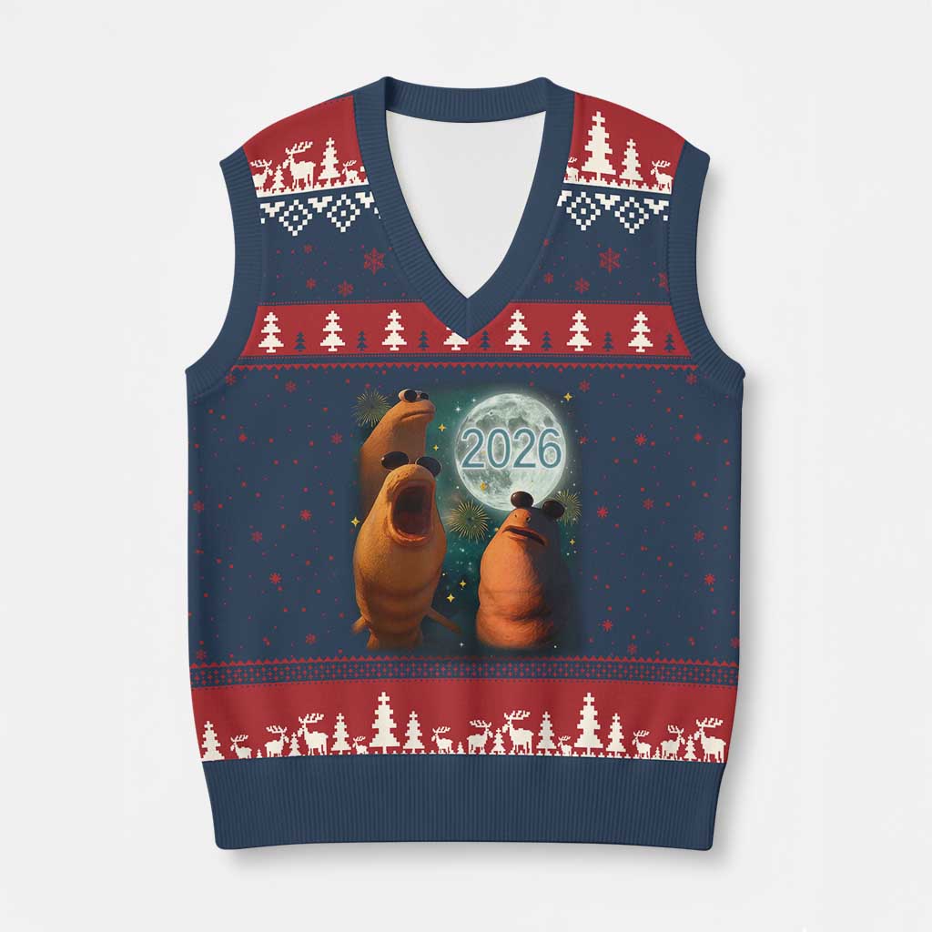 Funny Marcus The Worm New Year V-Neck Knit Sweater Vest Happy New Year 2026 Moon NYE Party - Wonder Print Shop