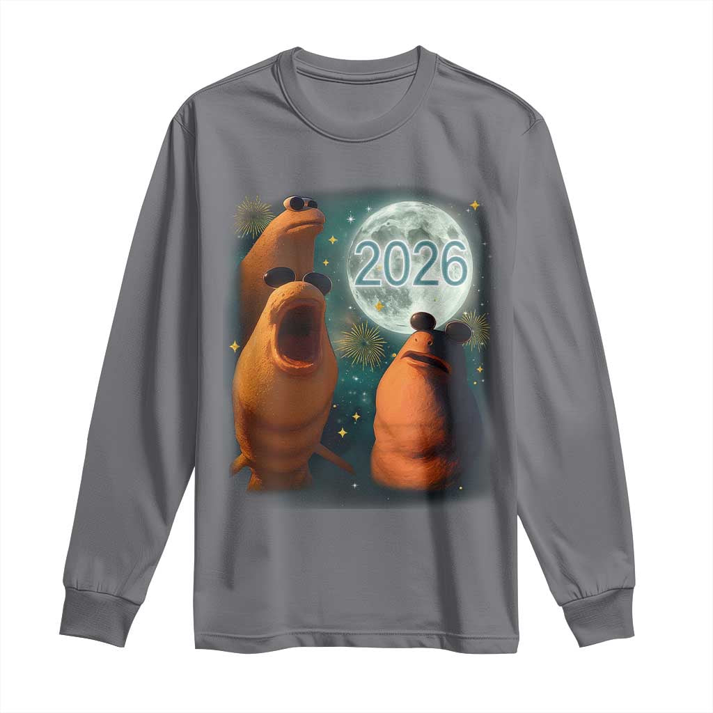 Funny Marcus The Worm New Year Long Sleeve Shirt Happy New Year 2026 Moon NYE Party - Wonder Print Shop