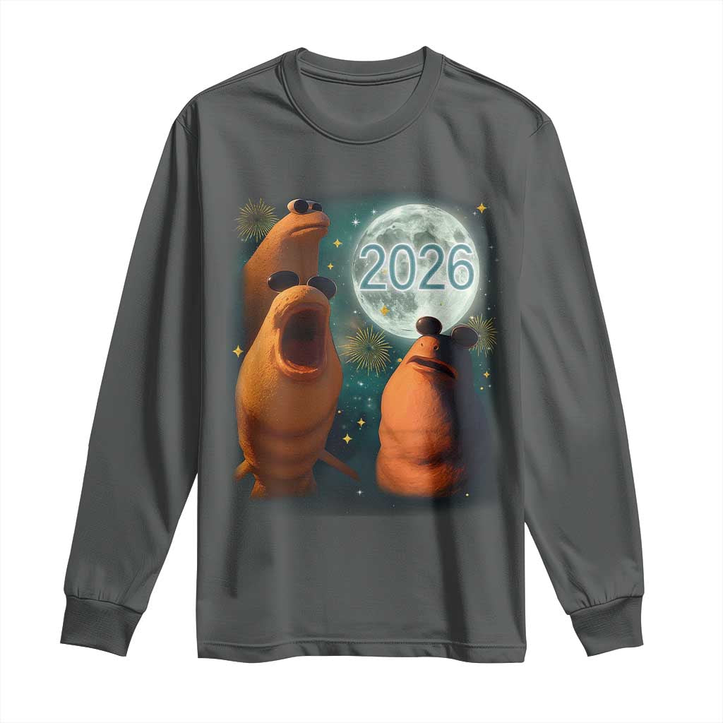 Funny Marcus The Worm New Year Long Sleeve Shirt Happy New Year 2026 Moon NYE Party - Wonder Print Shop