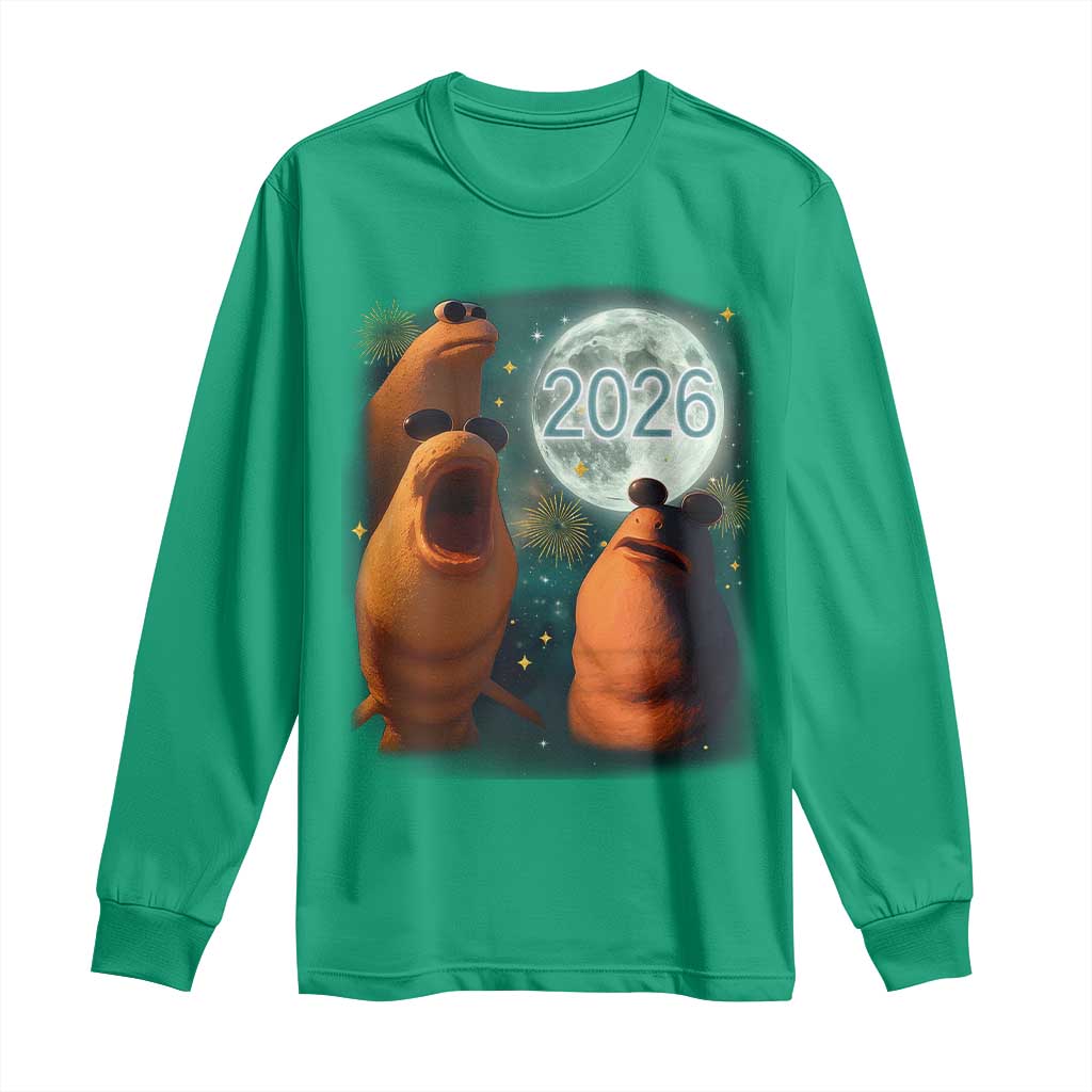 Funny Marcus The Worm New Year Long Sleeve Shirt Happy New Year 2026 Moon NYE Party - Wonder Print Shop