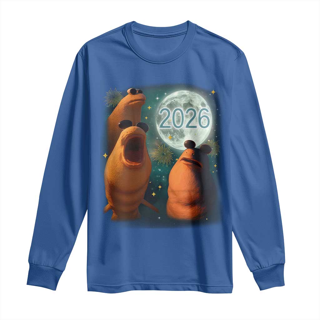 Funny Marcus The Worm New Year Long Sleeve Shirt Happy New Year 2026 Moon NYE Party - Wonder Print Shop