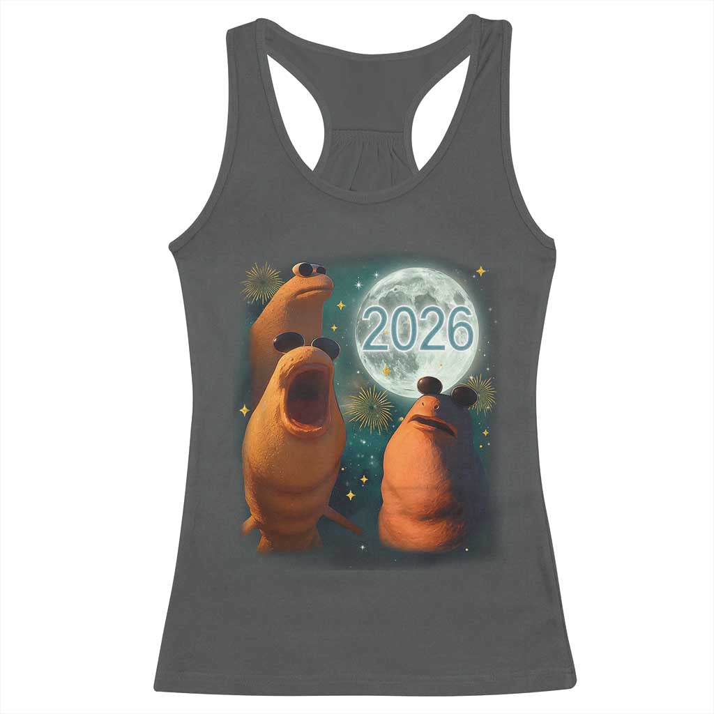 Funny Marcus The Worm New Year Racerback Tank Top Happy New Year 2026 Moon NYE Party - Wonder Print Shop