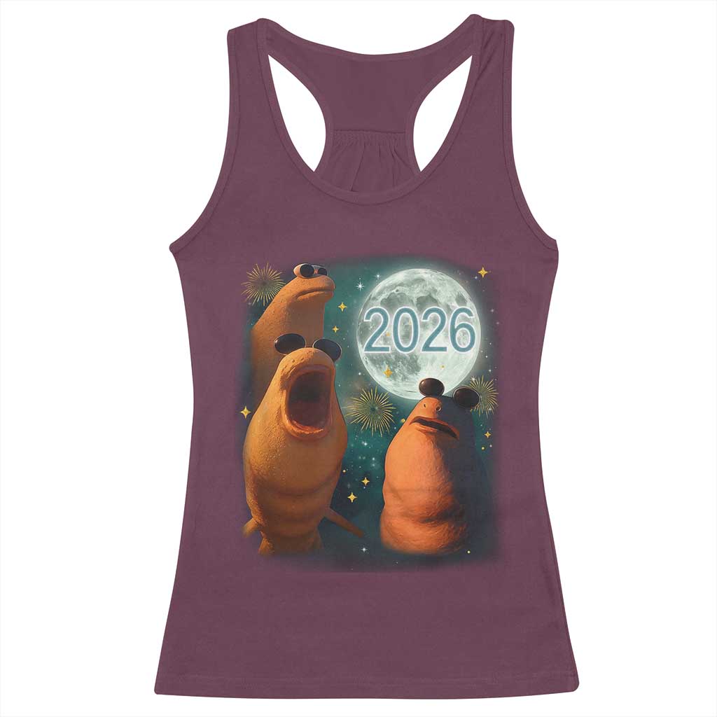 Funny Marcus The Worm New Year Racerback Tank Top Happy New Year 2026 Moon NYE Party - Wonder Print Shop