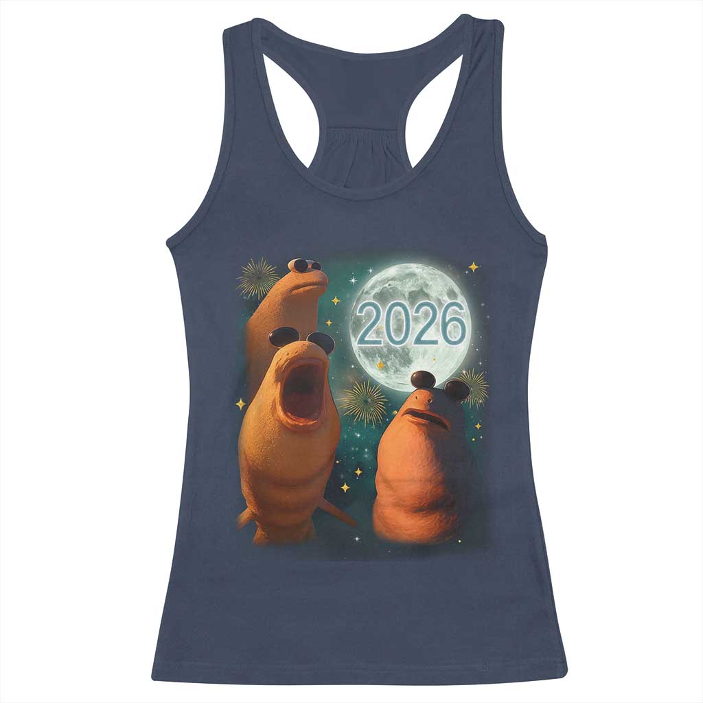 Funny Marcus The Worm New Year Racerback Tank Top Happy New Year 2026 Moon NYE Party - Wonder Print Shop
