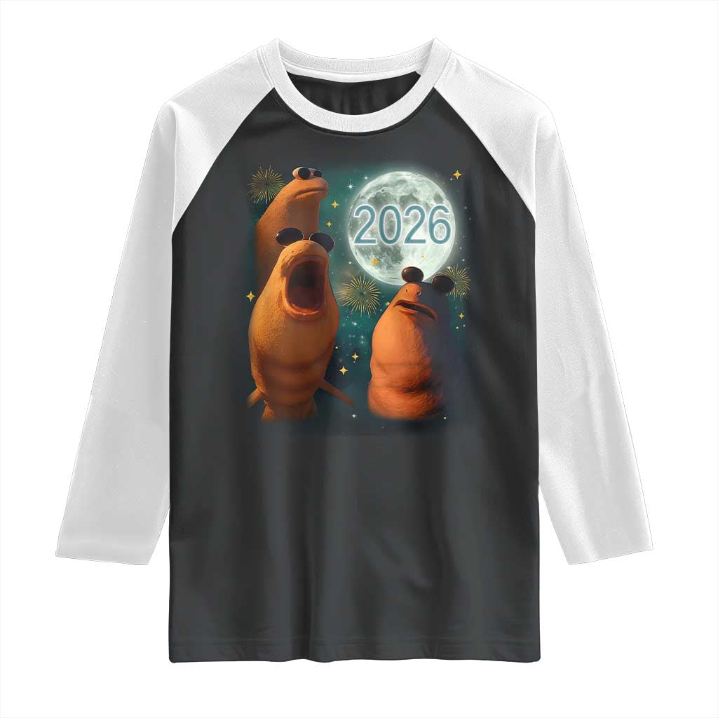 Funny Marcus The Worm New Year Raglan Shirt Happy New Year 2026 Moon NYE Party - Wonder Print Shop