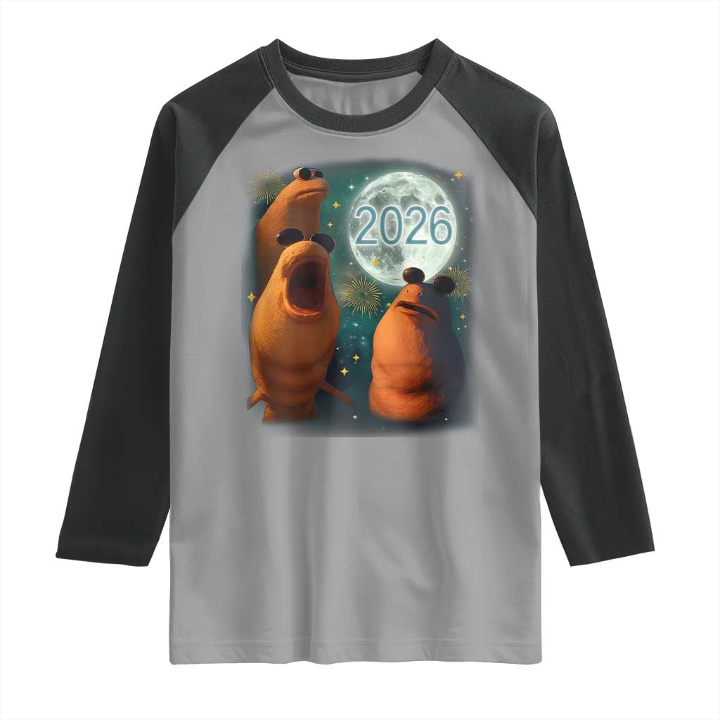 Funny Marcus The Worm New Year Raglan Shirt Happy New Year 2026 Moon NYE Party - Wonder Print Shop