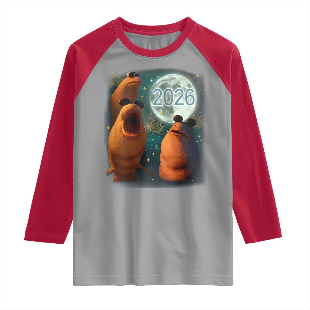 Funny Marcus The Worm New Year Raglan Shirt Happy New Year 2026 Moon NYE Party - Wonder Print Shop