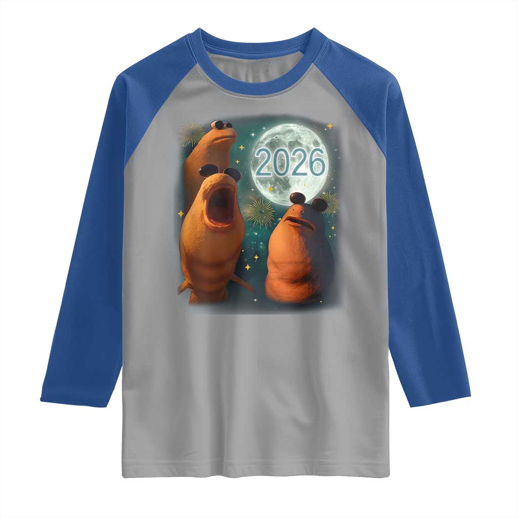 Funny Marcus The Worm New Year Raglan Shirt Happy New Year 2026 Moon NYE Party - Wonder Print Shop