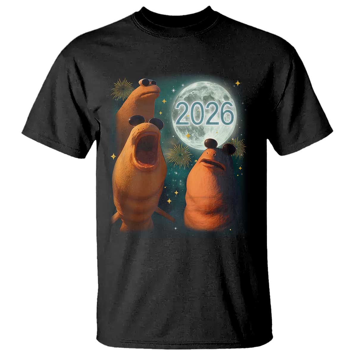 Funny Marcus The Worm New Year T Shirt Happy New Year 2026 Moon NYE Party - Wonder Print Shop