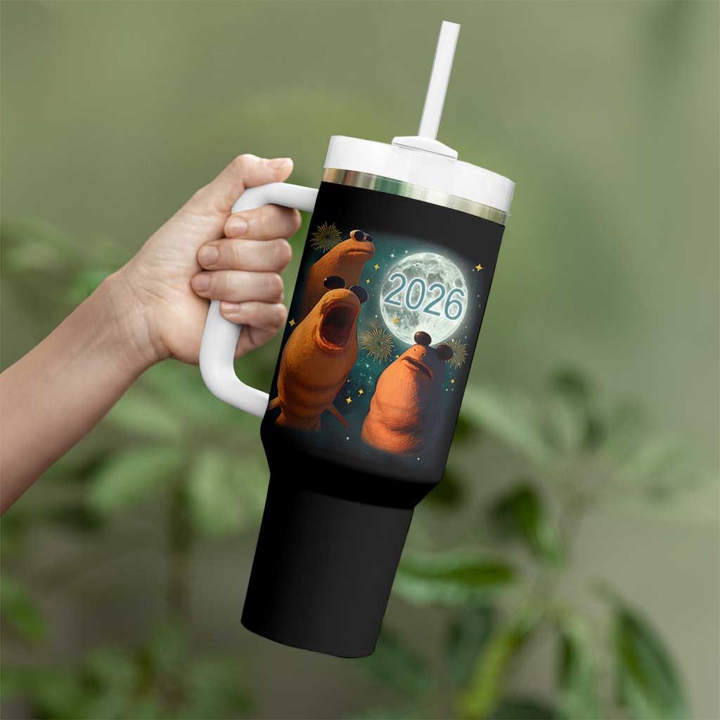 Funny Marcus The Worm New Year Tumbler With Handle Happy New Year 2026 Moon NYE Party - Wonder Print Shop
