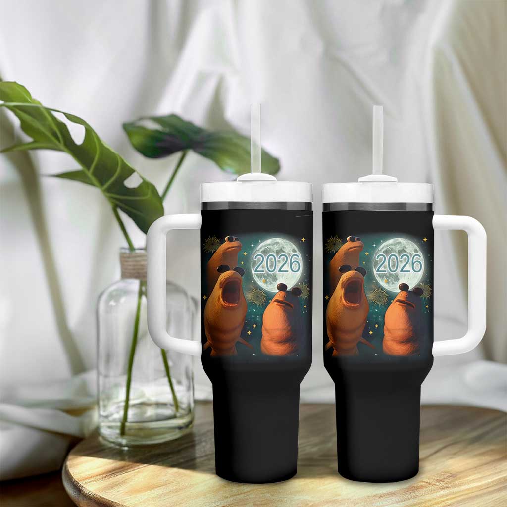 Funny Marcus The Worm New Year Tumbler With Handle Happy New Year 2026 Moon NYE Party - Wonder Print Shop