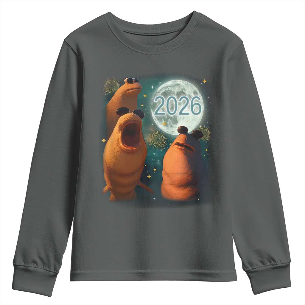 Funny Marcus The Worm New Year Youth Sweatshirt Happy New Year 2026 Moon NYE Party - Wonder Print Shop
