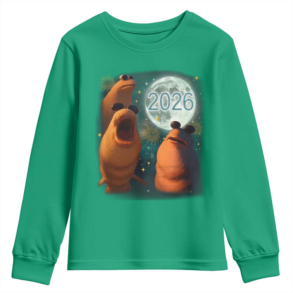Funny Marcus The Worm New Year Youth Sweatshirt Happy New Year 2026 Moon NYE Party - Wonder Print Shop