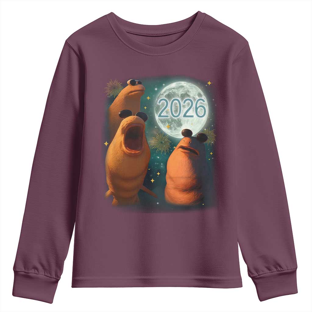 Funny Marcus The Worm New Year Youth Sweatshirt Happy New Year 2026 Moon NYE Party - Wonder Print Shop