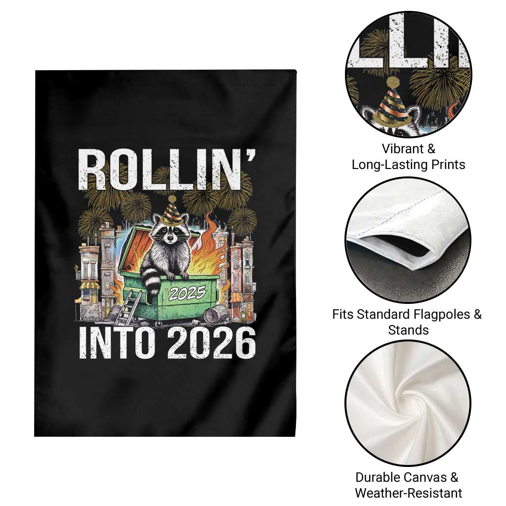 Funny Raccoon Rollin Into 2026 Garden Flag Happy New Year Dumpster Fire - Wonder Print Shop