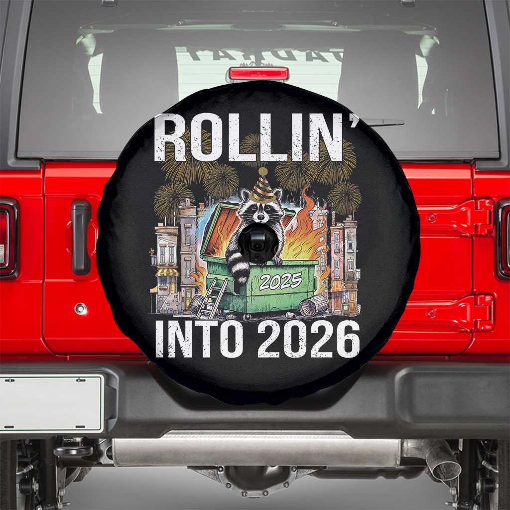 Funny Raccoon Rollin Into 2026 Spare Tire Cover Happy New Year Dumpster Fire - Wonder Print Shop