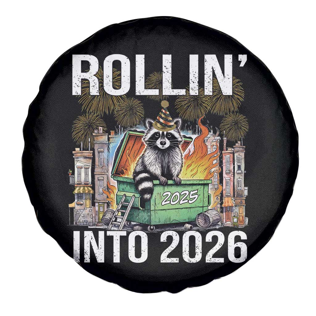 Funny Raccoon Rollin Into 2026 Spare Tire Cover Happy New Year Dumpster Fire - Wonder Print Shop