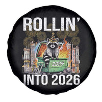 Funny Raccoon Rollin Into 2026 Spare Tire Cover Happy New Year Dumpster Fire - Wonder Print Shop