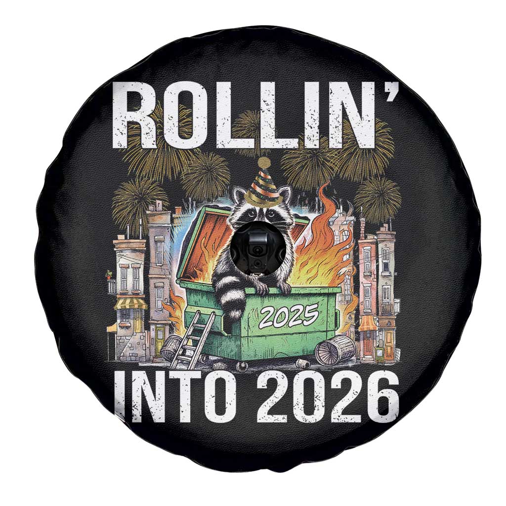 Funny Raccoon Rollin Into 2026 Spare Tire Cover Happy New Year Dumpster Fire - Wonder Print Shop