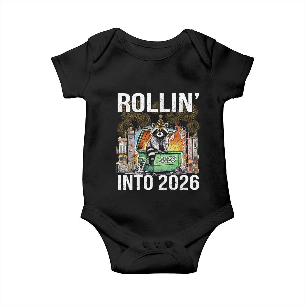 Funny Raccoon Rollin Into 2026 Baby Onesie Happy New Year Dumpster Fire - Wonder Print Shop